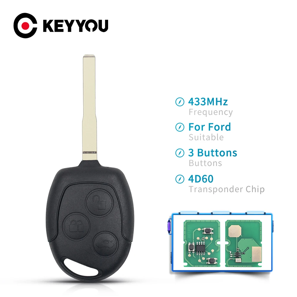 

KEYYOU 4D60/4D63 Chip 433Mhz Car Remote Key For Ford Focus Fiesta Fusion Mondeo Galaxy C-Max S-Max Uncut HU101 Blade 3 Buttons