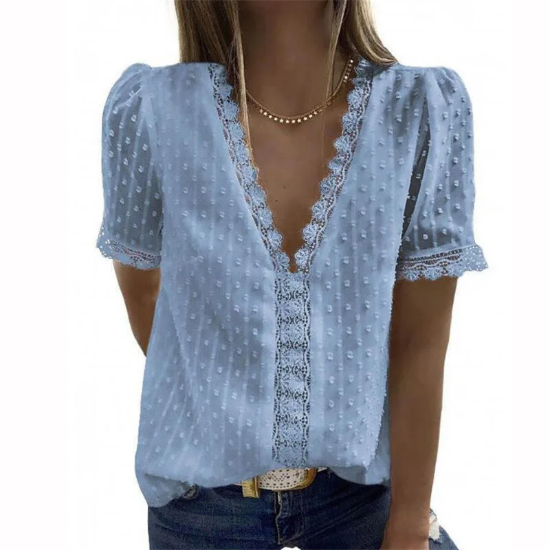 

3XL Sexy V-Neck Lace Shirt Blouse Spring Summer Solid Color Plus Size Short Sleeve Ladies Shirt Casual Pullover Tops