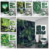 bathroom shower curtain green tropical plant leaves bamboo printed for bath anti slip mat sets toilet cover kitchen carpet