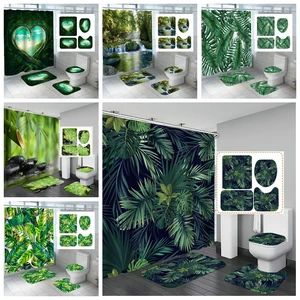 bathroom shower curtain green tropical plant leaves bamboo printed for bath anti slip mat sets toilet cover kitchen carpet free global shipping