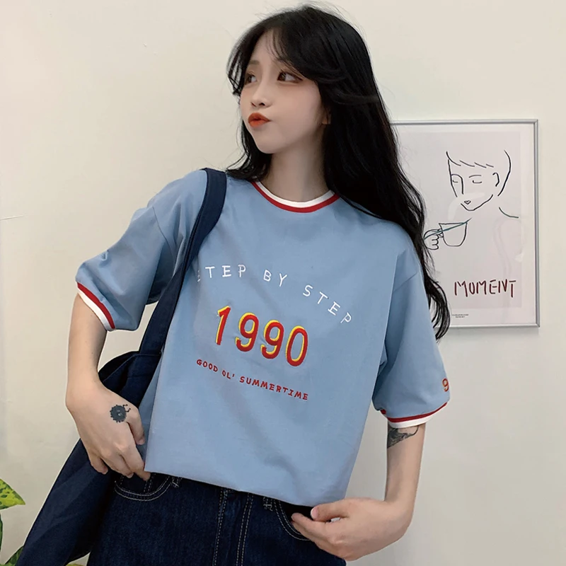 

Модная брендовая суперпопулярная футболка с коротким рукавом, Женская свободная футболка с имитацией двух частей в Корейском стиле, в стил...