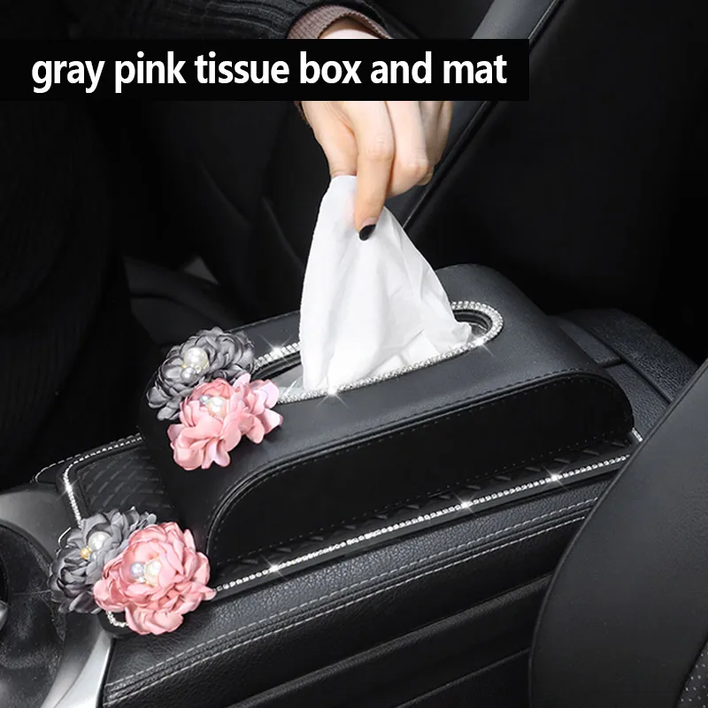 

Car Tissue Box Rhinestone Flower Auto Tissue Holder Block-type Tissue Box Car Styling Hand Made Flower Bling Cover Women