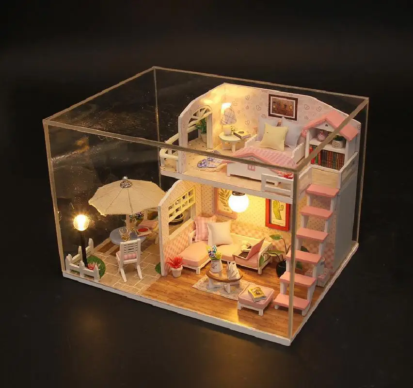 

Christmas Gifts Miniature Diy Puzzle Toy Doll House Model Wooden Furniture Building Blocks Toys Birthday Gifts PINK LOFT VILLA