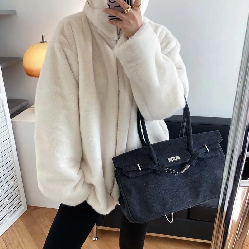 

Женское пальто из искусственной овечьей шерсти, Осень-зима 2021, новая свободная однотонная короткая водолазка, теплая плотная модная шуба, о...