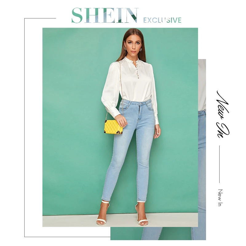 SHEIN белый пуговицы спереди Фонари рукав Атласный топ монотонная блузка Для женщин сезон осень, со стоячим воротником женские офисные элегантная абайя блузки