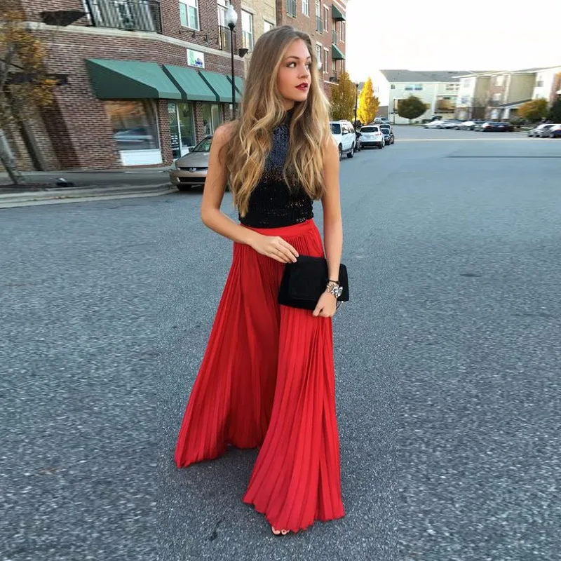 

2020 Autumn Chiffon Skirt Long Party Wear Floor Length Red Skirt Pleated Women Skirts saias mulher jupe