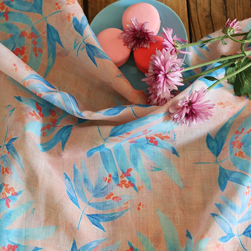 

Natural ramie fabric Pink plant print tissu Handmade clothing dress material