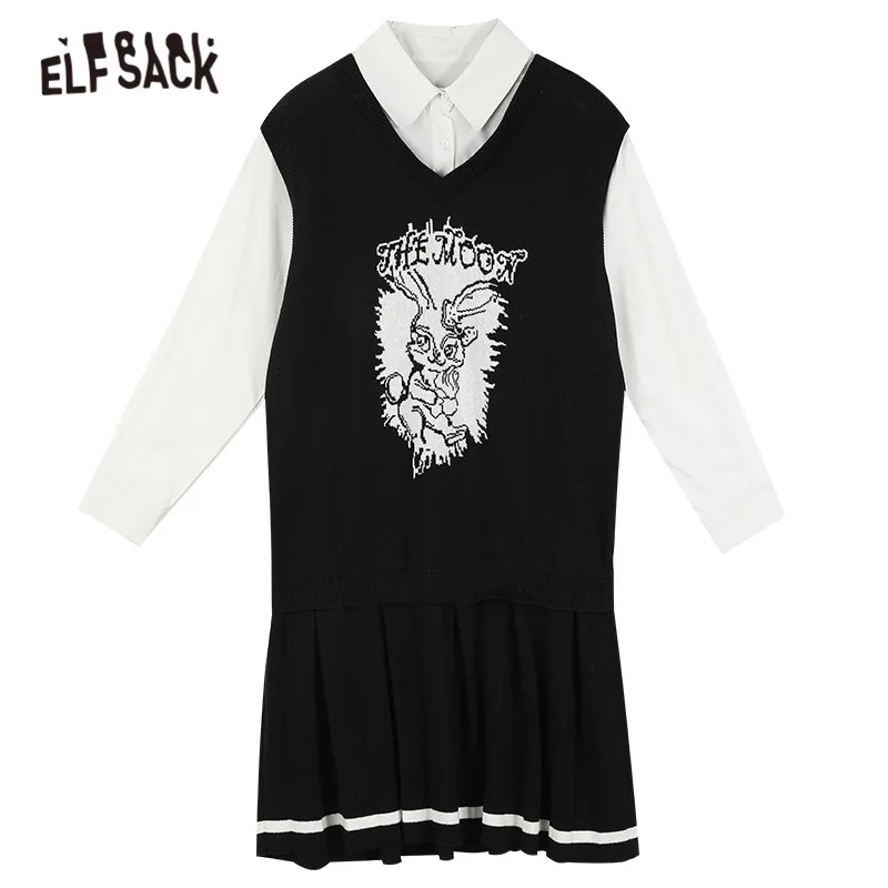 

ELFSACK Rabbit Jacquaerd Casual Knit 2-IN-I Dress Women,2020 Autumn ELF Vintage Tie Front Full Sleeve Female Daily Dresses