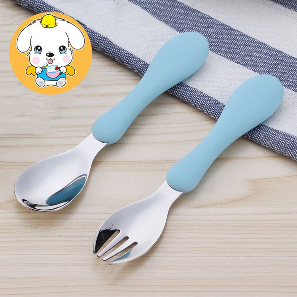 

2pcs Children Spoon Portable Silicone Handle Stainless Steel Fork Safety Baby Feeding Spoon Eating Training Spork Kids