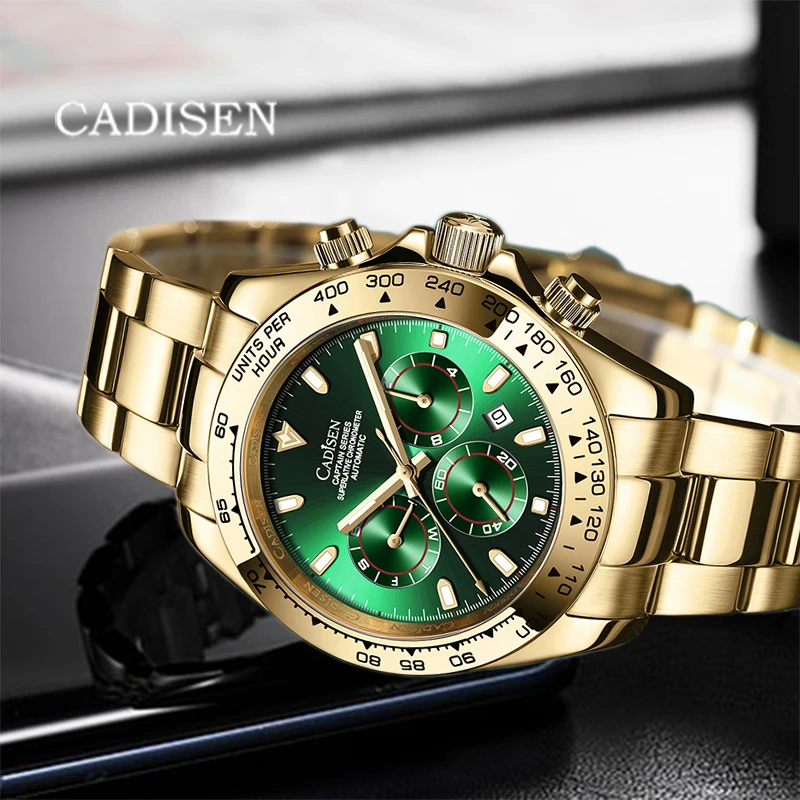 

CADISEN мужские часы 2021 Новый механические часы из нержавеющей стали чехол модные спортивные часы класса «Люкс», золотые часы 100 м Водонепрониц...