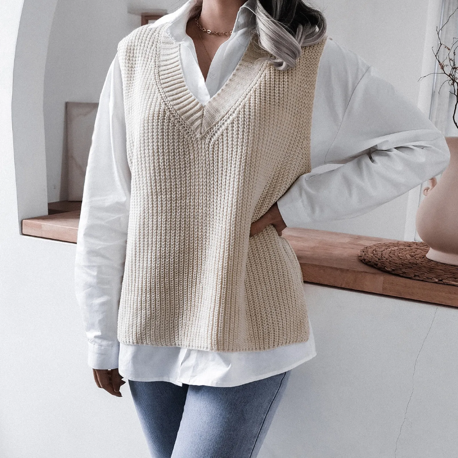 

Solid Chunky Knitted Sweater Women V-neck Sleeveless Loose Pullover Sweater Lazy Elegant Office Lady Slim Warm Sweaters Top