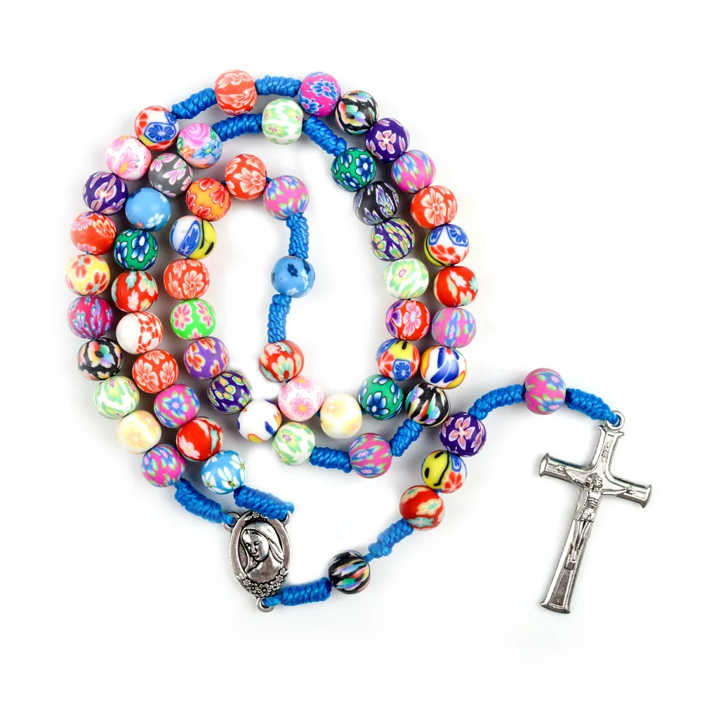 9Mm Multicolor Kralen Rozenkrans Ketting Leuke Stlylish Met Kleurrijke Touw Ketting En Cross Hanger Voor Kinderen Sieraden Gift 9Mm Multicolor Kralen Rozenkrans Ketting Leuke Stlylish Met Kleurrijke Touw Ketting En Cross Hanger Voor Kinderen Sieraden Gift