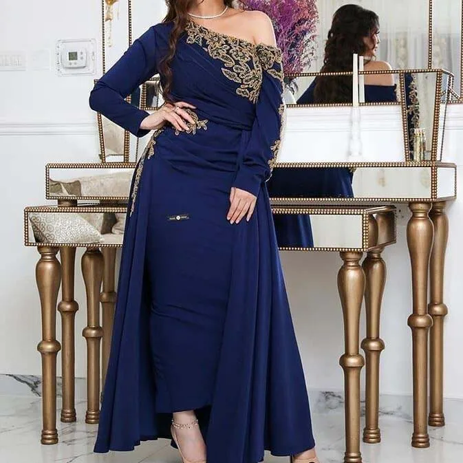 

2021 Fashion One Shoulder Beaded Stones Long Sleeve Ankle Length Prom Dresses with Overskirt