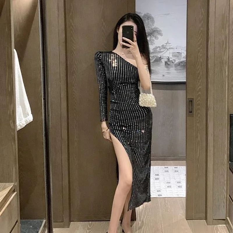 

Summer New Fashion Sexy One-Shoulder Gold Velvet Hot Drilling Bodycon Dress Banquet Party Dresses for Women 2021 Y727