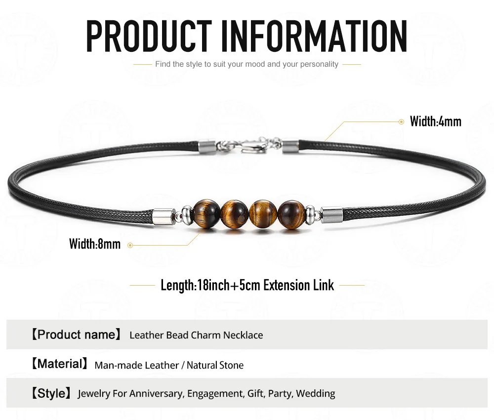 Trendsmax 8mm Natural Tiger Eye Stone Bead Necklace Charm Black Leather Cord Choker Necklace for Men Women Jewelry Gift DN125