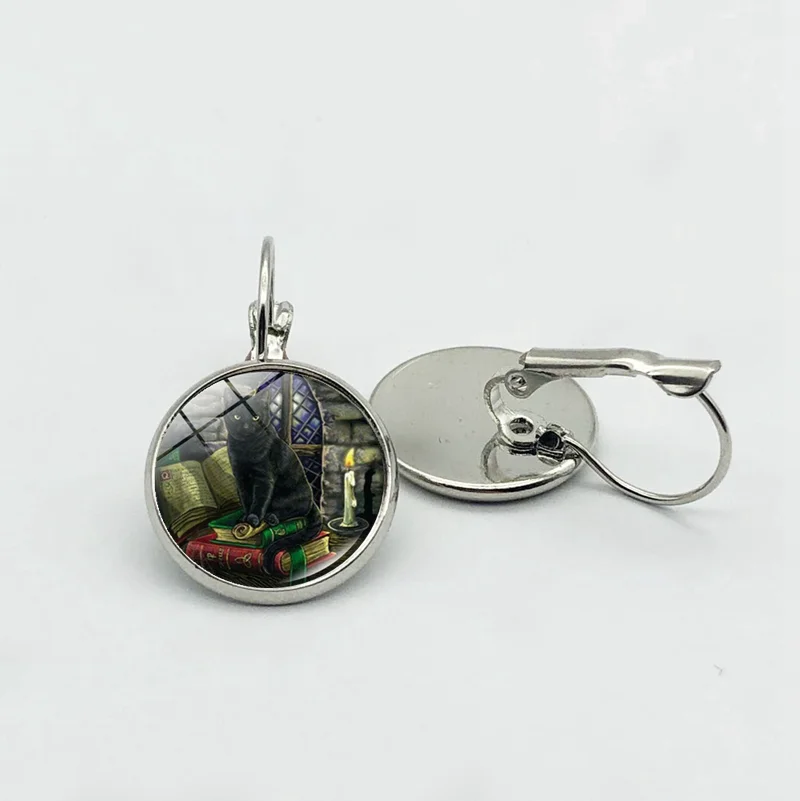 

Creative black cat photo convex earrings jewelry vintage fashion crystal earrings
