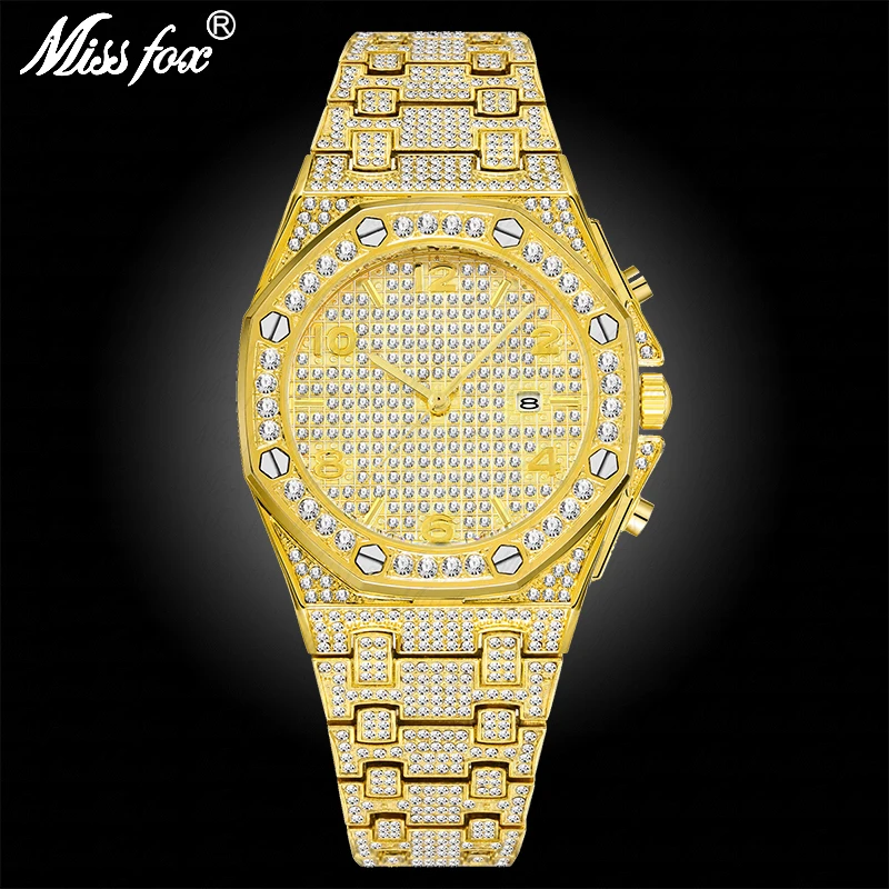 MISSFOX для женщин часы Роскошные полная Алмазная 18K Золотые женские календарь