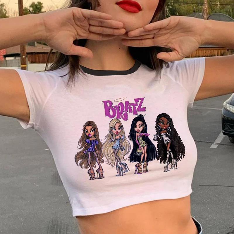 Женский топ из 90-х Винтаж Футболка Bratz Одежда Harajuku черный вырез, футболки с короткими рукавами с надписью «BRATZ печатных детская футболка с на...