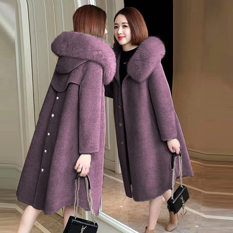 

Women Woolen Coat Long Over-Knee Trench Coat Fashion Elegant Imitating Fox Fur Collar Jackets Plus Size Loose Hooded Warm Coat