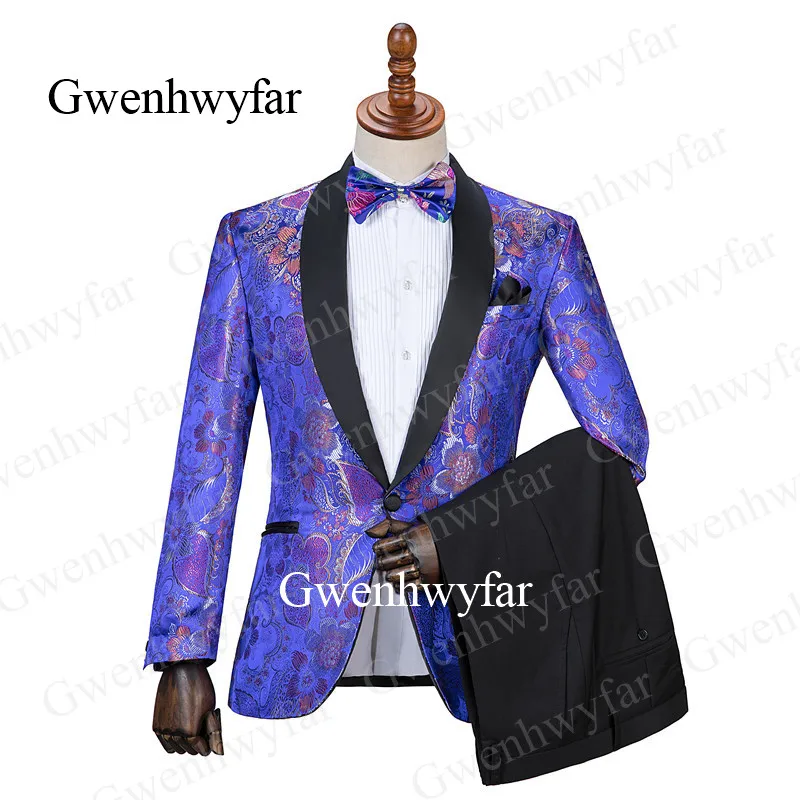 picture color Gwenhwyfar индивидуальный заказ Роскошные фиолетовые смокинги двубортный ЖАККАРДОВЫЕ мужские костюмы Groomsmen костюм Homme Terno Slim Fit 2 шт - Цвет: picture color