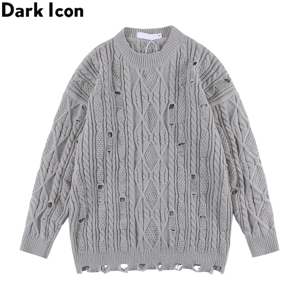 

Dark Icon Ripped Plain Sweater Men Rounnd Neck Pullover Knitwear Men's Sweaters