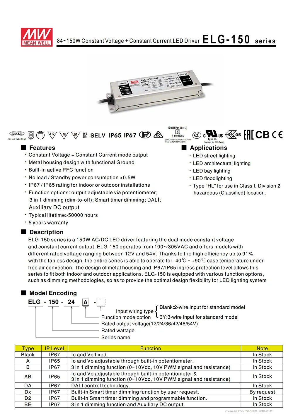 MEAN WELL ELG-150-48B-3Y 150 Вт 48 В светодиодный трансформатор 110 В/220 В переменного тока до 48 В постоянного тока 3.13A 150 Вт Водонепроницаемый Meanwell Регулируемый источник питания