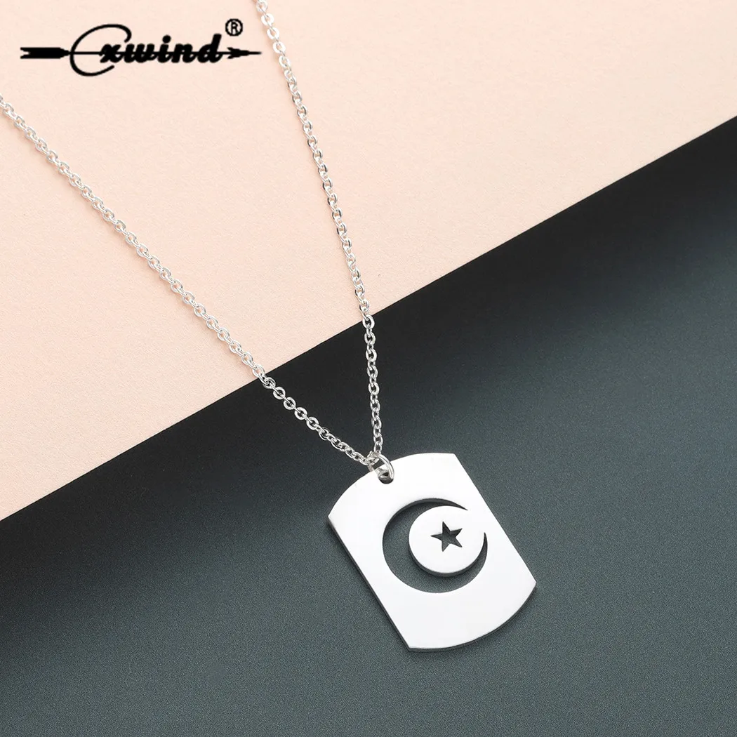 

Cxwind Stainless Steel Crescent Star Necklace Night Sky Pendant Islamic Muslim Dog Tag Ladies Necklace Jewelry Christmas Gift