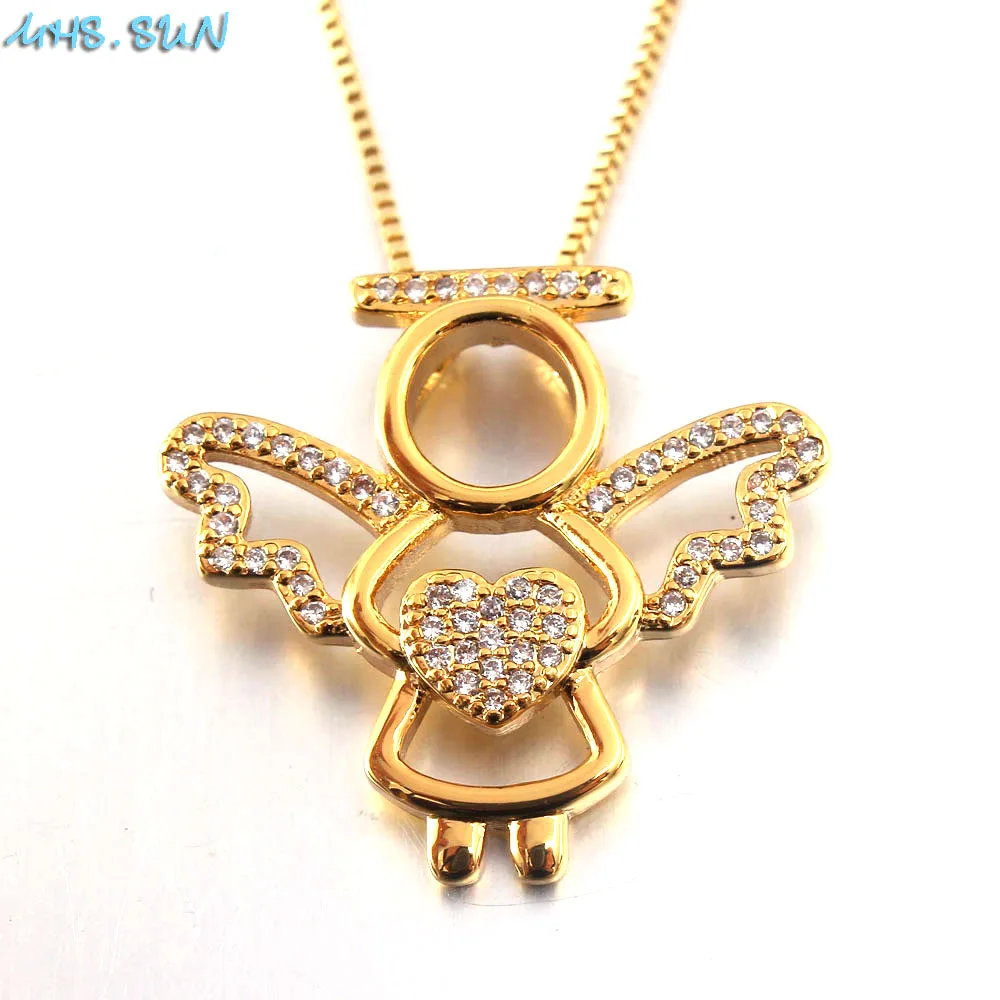 MHS.SUN Luxury CZ Angel Charm Pendant Necklace Jewelry Gold Chain Zircon Love Heart Fashion Christmas Gift For Women | Украшения и
