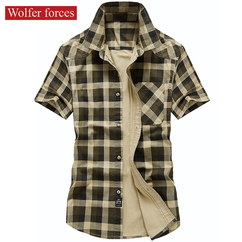 2022 Summer Plaid Short Sleeve Male Shirt Men's Cotton Casual  Large Size  Shirts  Father Military Fashion High Quality Blouse