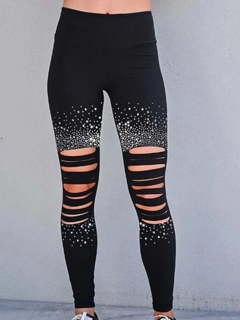 

Women's polyester spandex black leggings women's high-waisted diamond-decorated fitness corset sports casual pants S9K0894
