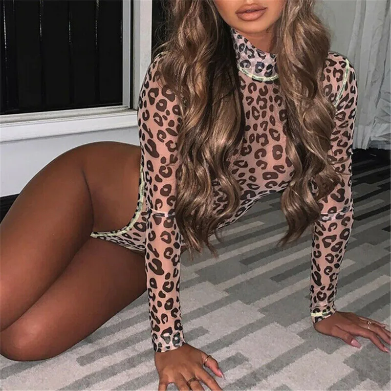 Hot New Women One Piece Bodysuit Sexy Slim Fit Long Sleeve Leopard Print Skinny High Neck Romper Spring Autumn Fashion Bodysuit