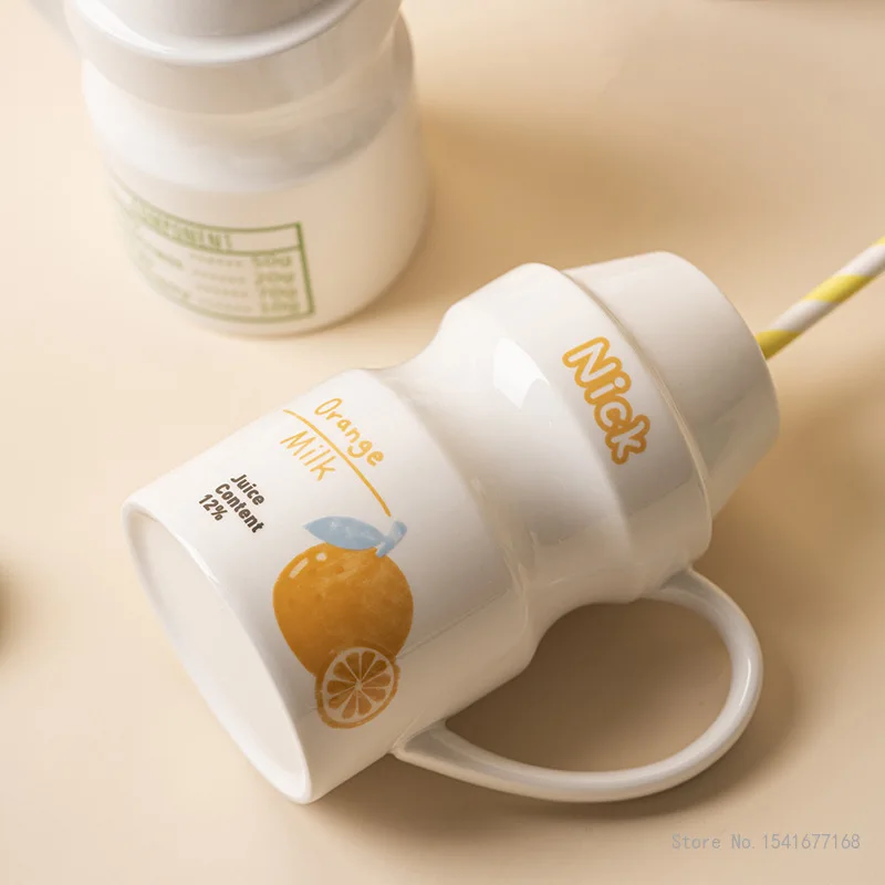 Ceramic Mug Juice Cup Yakult Cartoon Cute Water With Lid And Handle Strawberry Orange Avocado Grape Pattern Yogurt | Дом и сад