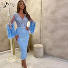 Элегантное голубое небо кружева прямое вечернее платье 2021 Длинные рукава перо лодыжки Длина Выпускные Платья Vestidos De Fiesta