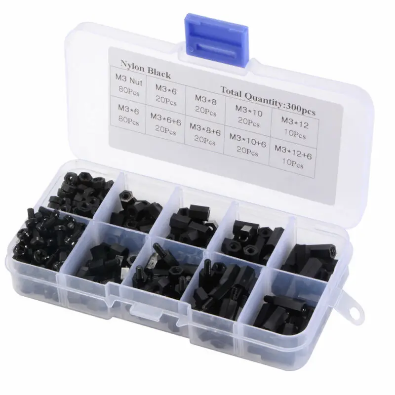

300pcs M3 Nylon Screw Hex Nylon Standoff Spacer Column Flat Head Nylon Plastic Spacing Screws Nuts