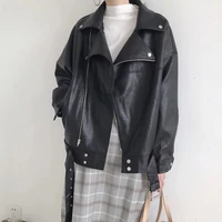 fashion loose washed fake leather jacket plus belt women oversized black turndown collar casual streetwear punk biker outerwear
