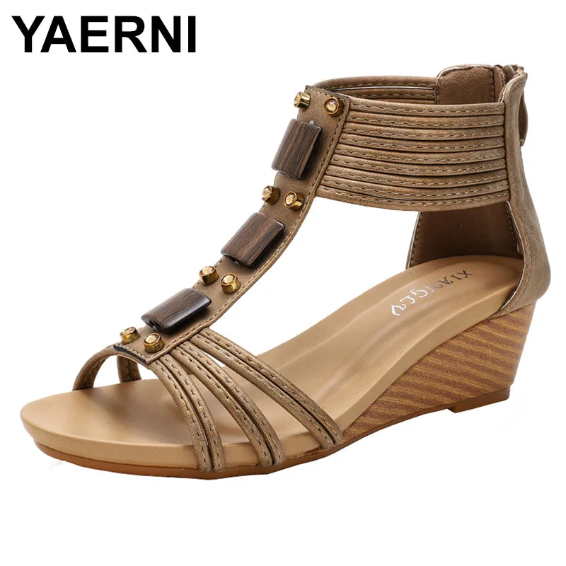 

YAERNI vintage style Wedge sandals for women 2021 rhinestone Bohemia ethnic style Roman shoes mom shoes beaded shoe