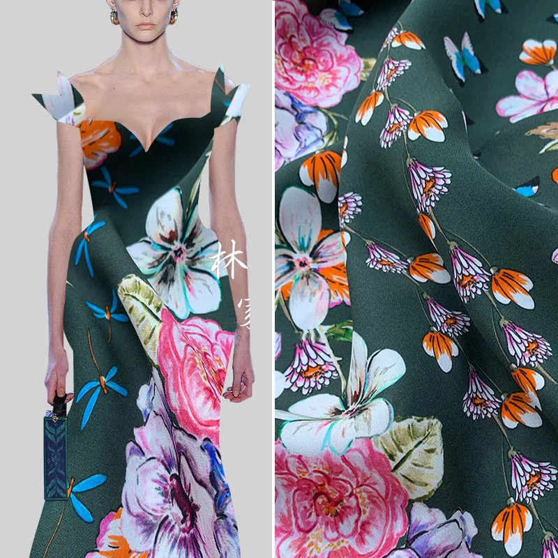 

Fashion Printed Silk Double Joe Fabric Green Jacquard Dress Silk Garment Non-stretch and Impermeable Fabric Designer Sewing