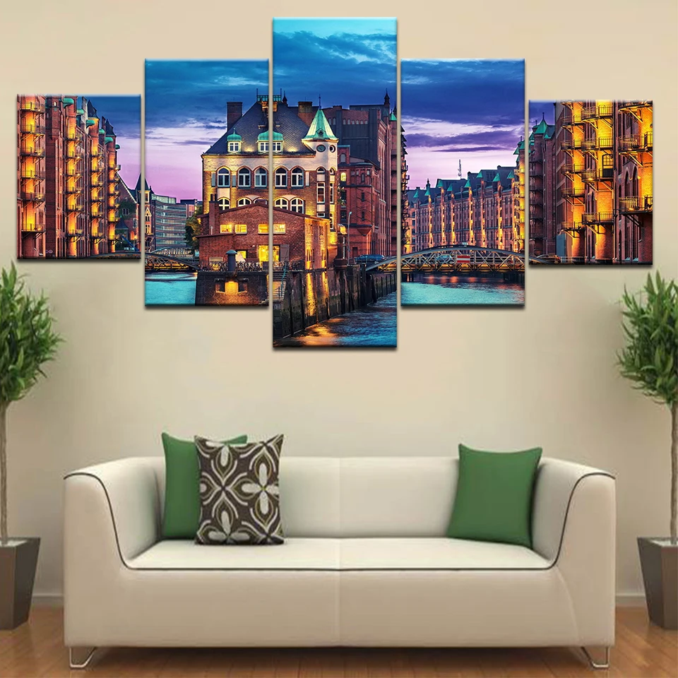 5 панельных холщовых печати Германия Гамбург город закат ночь река мост пейзаж