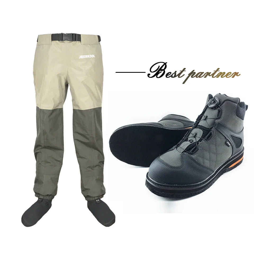 

JEERKOOL Fly Fishing Self Lock Wading Shoes & Pants Aqua Sneakers Clothing Set Breathable Rock Sports Waders Felt Sole Boots