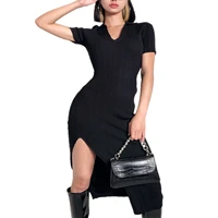 short sleeve side split dresses for women 2021 y2k clothes bodycon sexy womens knitting dress black sweater party dress