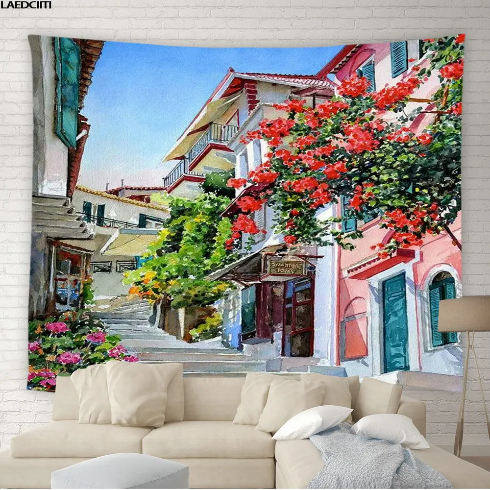 

Greek Scenery Tapestry Flowers Green Plants Country Street Scene Ocean Background Wall Hanging Cloth Living Room Bedroom Decor