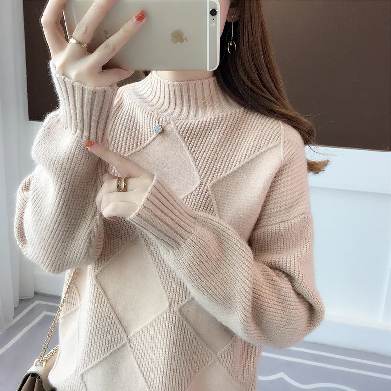 Женский свитер с высоким воротом однотонный вязаный платье Новинка осени 2019