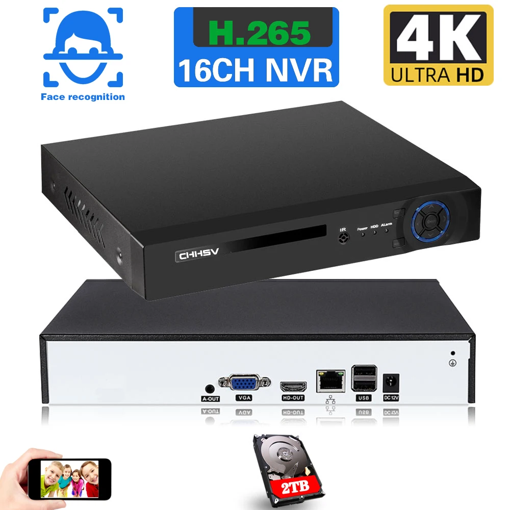 

Видеорегистратор H.265 4K CCTV, сетевая IP-камера с функцией обнаружения лица, 8 Мп, 16 каналов, XMEYE