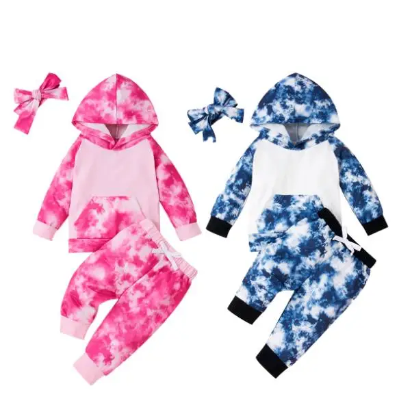 

3Pcs Set Toddler Autumn Suit Tie-Dye Long Sleeves Hoodied with Pocket Elastic-Waist Pants Bowknot Hairband Children Clothing