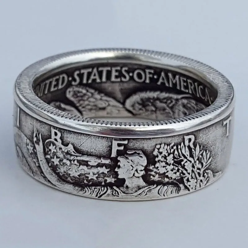 

Ancient silver 1945 Coin Rings Morgan Half Dollar Carved "the United State of American" Finger Ring Jewelry Collection American