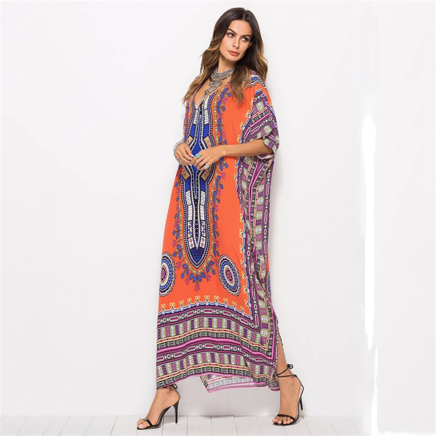 Макси кафтан в мусульманском стиле женское винтажное длинное платье с принтом