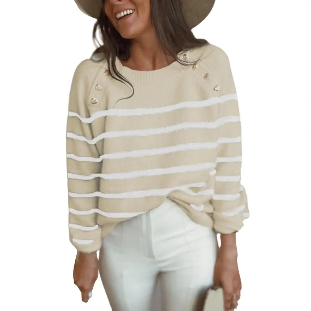 

2021 New Autumn Women Sweater Horizontal Stripes Buttons Winter Knitted Long Sleeve Top Pullover Streetwear