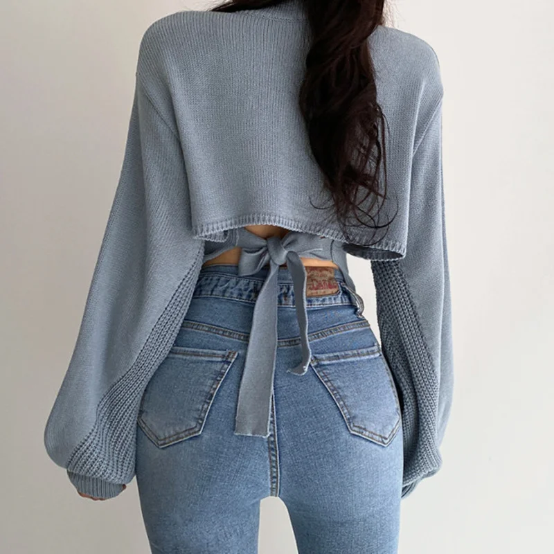 

Korean chic autumn winter elegant V-neck back hollowed out bandage loose Lantern Sleeve Sweater women Rac