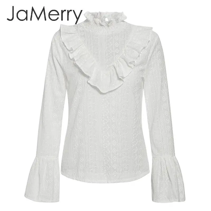 Женская хлопковая блузка с оборками JaMerry элегантная офисная белая воротником