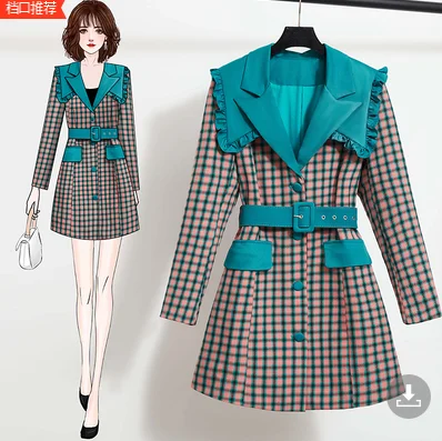

Fashion Autumn Winter Ruffles Notched Collar Dress Plus Size Women Plaid Single Breasted Ladies Office Blazer Belt Mini Dress